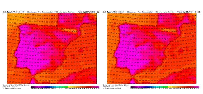 Foto1: Saturday, Aug 4th; 44-47 °C in SW Spain, 47-51 °C in south-central Portugal. Foto2: Sunday, Aug 5th; 42-45 °C in SW Spain, 46-50 °C in south-central Portugal.