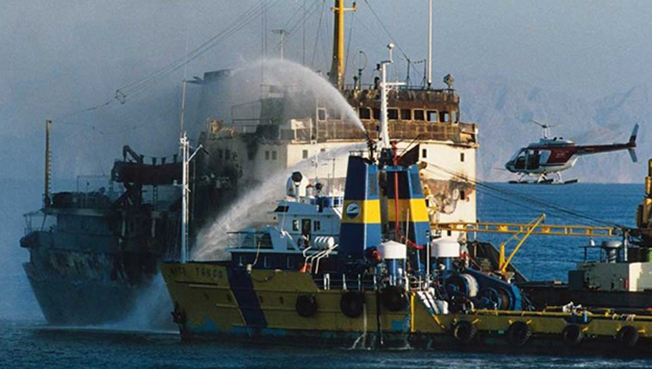 În 23 noiembrie 1987, cargoul „Fundulea”, care tranzita stramtoarea Ormuz, a fost bombardat de o navă paramilitară iraniană (sursa foto: mintpressnews.com)