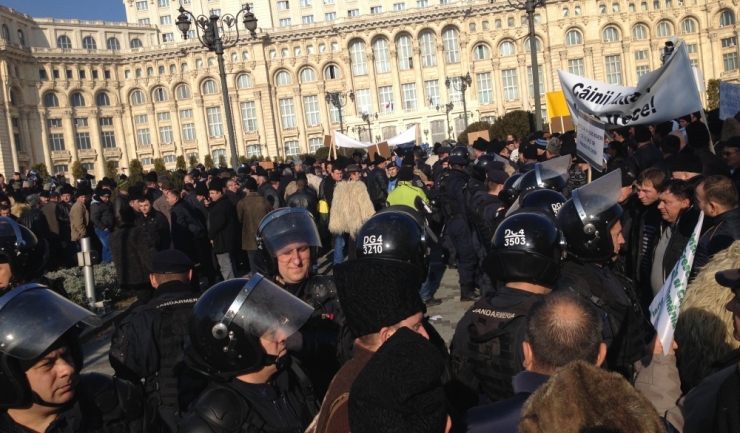 Fermieri din întreaga țară s-au împins, miercuri, cu jandarmii, în încercarea de a pătrunde în curtea Palatului Parlamentului