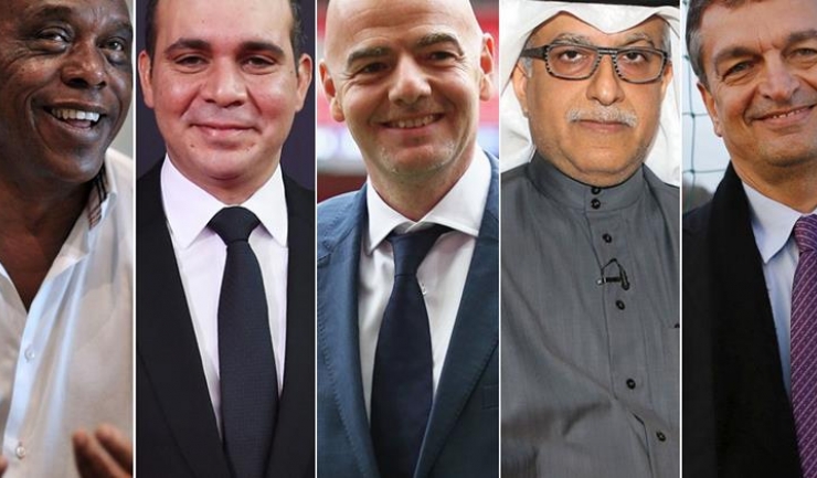 Tokyo Sexwale, prințul Ali bin Al-Hussein, Gianni Infantino, șeicul Salman bin Ebrahim Al-Khalifa și Jerome Champagne (de la stânga la dreapta) sunt cei cinci candidați la președinția FIFA
