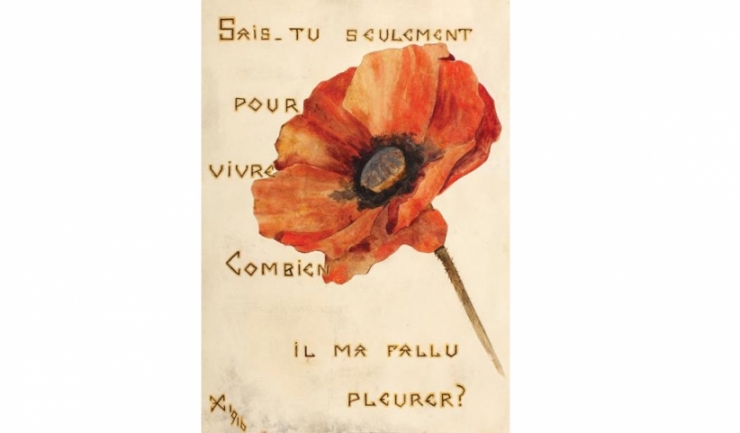 Floare de mac, decorată cu două versuri din poemul „Madame la Marquise”, de Alfred de Musset, scrise cu aur, folosind caractere celtice